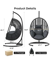 Asagikoiai Outdoor Hanging Rattan Basket Chair with Stand and Cushion for Patio or Balcony