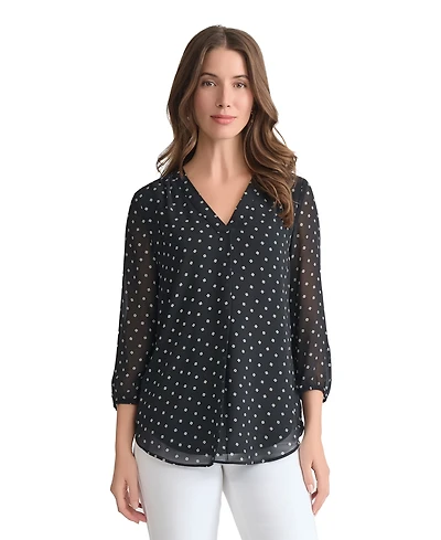 Jones New York Women's V-Neck Pleat Front 3/4 Sleeve Tunic