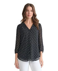 Jones New York Women's V-Neck Pleat Front 3/4 Sleeve Tunic