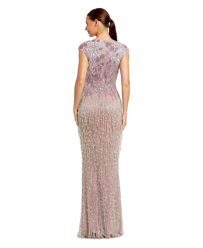 Mac Duggal Women's Fringe Beaded Mesh Short Sleeve Evening Gown