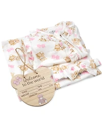 Baby Essentials Girls' Bear Print Coverall, Headband, Blanket, Wood sign, 4-Piece Set