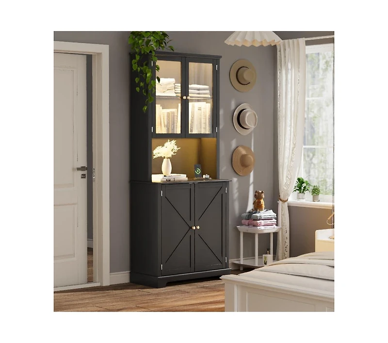 gaomon 72-Inch-Tall Kitchen Hutch Cabinet with Glass Doors, 41-Inch-Wide Freestanding Storage Cabinet with Charging Station and Led Lights