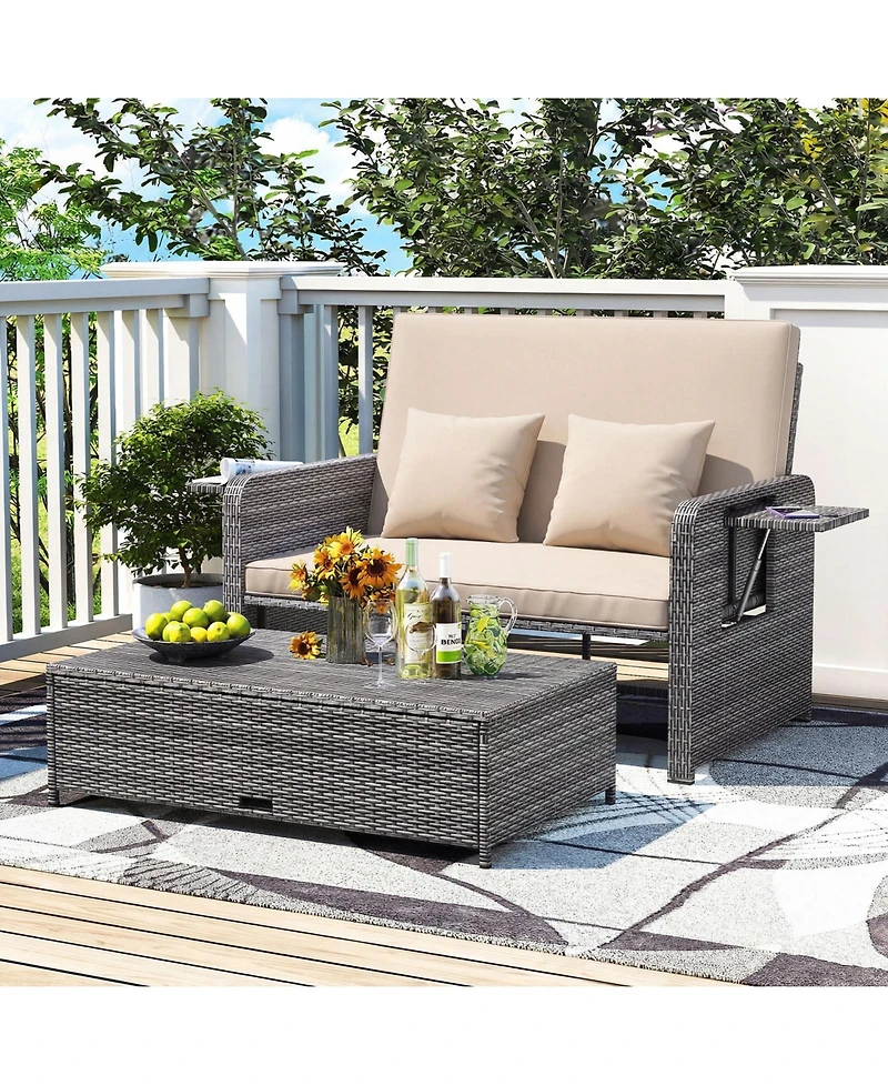 Gymax Rattan Daybed Loveseat Sofa Set with Ottoman and Retractable Side Tray, Patio Furniture