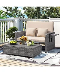 Gymax Rattan Daybed Loveseat Sofa Set with Ottoman and Retractable Side Tray, Patio Furniture