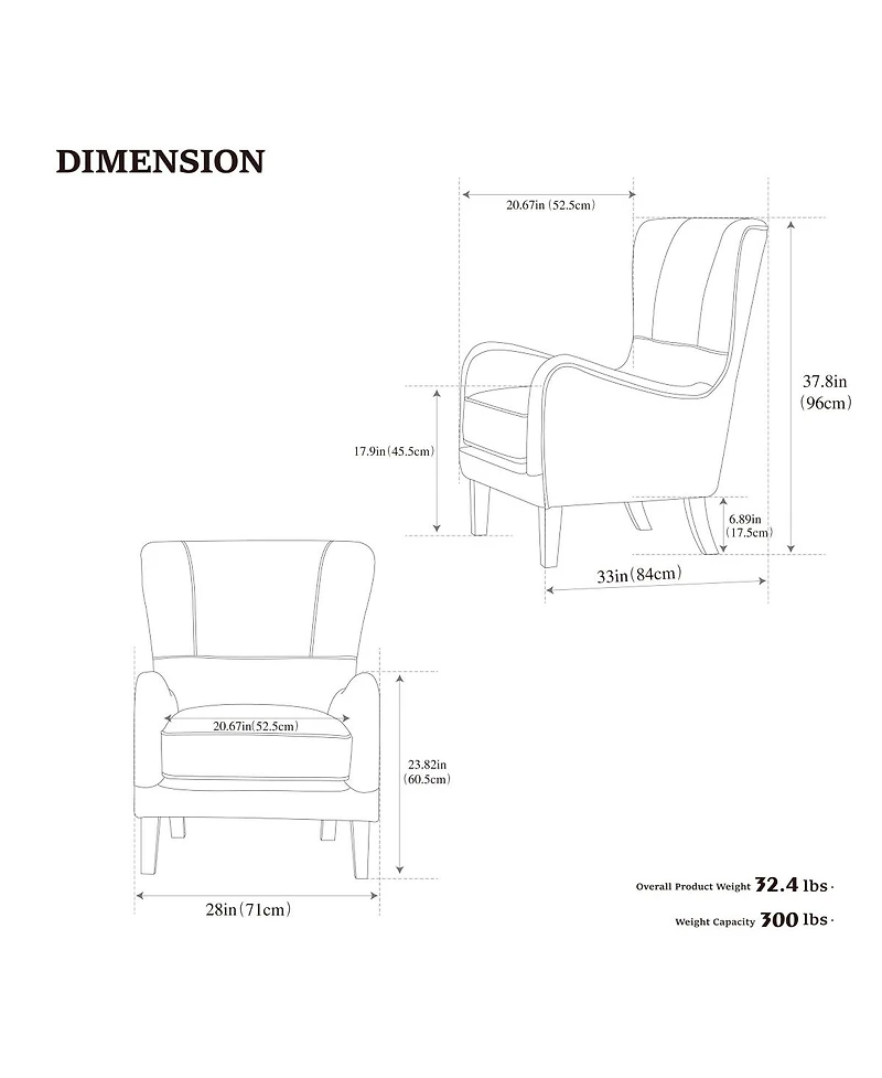 Streamdale Furniture 28"W Pu Leather High Back Wingback Accent Chair with Solid Wood Legs
