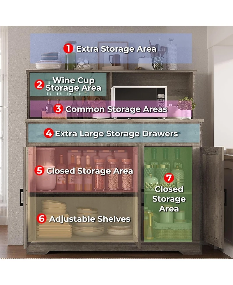 homfan 47in Farmhouse Entryway Storage Cabinet with Microwave Stand Adjustable Shelves, 3 Drawers, Barn Door, Wooden Sideboard Buffet for Kitchen