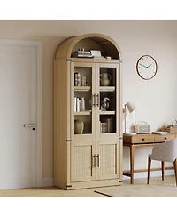 Gaomon 71.6" Farmhouse Arched Bookcase with Glass Doors and Rattan Accents, Tall Wood Storage Cabinet with 4-Tier Display Shelves for Living Room