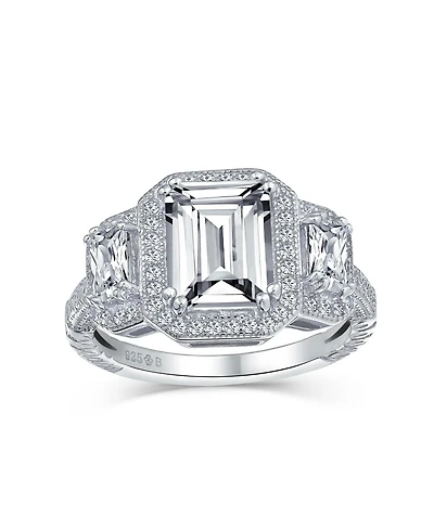 Bling Jewelry Art Deco Style Statement Engagement Ring 3CT Cz Cubic Zirconia Emerald Cut Baguette Sterling Silver
