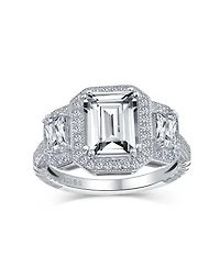 Bling Jewelry Art Deco Style Statement Engagement Ring 3CT Cz Cubic Zirconia Emerald Cut Baguette Sterling Silver