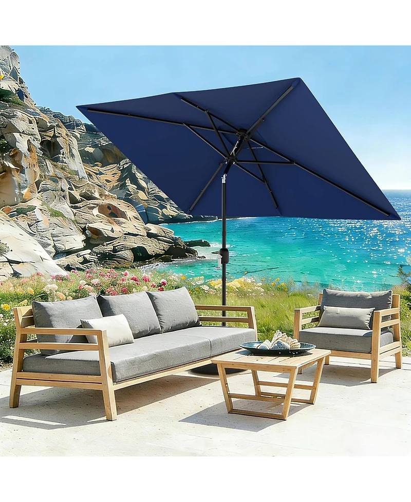 Xo Rectangular Patio Umbrella with Crank Lift, Outdoor Market Table Umbrella with Vented Canopy, 6-Rib Steel Frame Uv-Resistant Shade