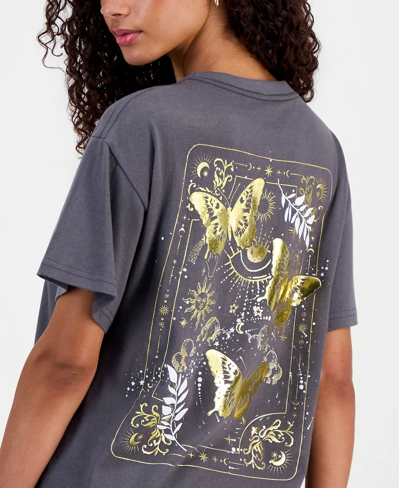 Freeze 24-7 Juniors' Foiled Graphic Print T-Shirt