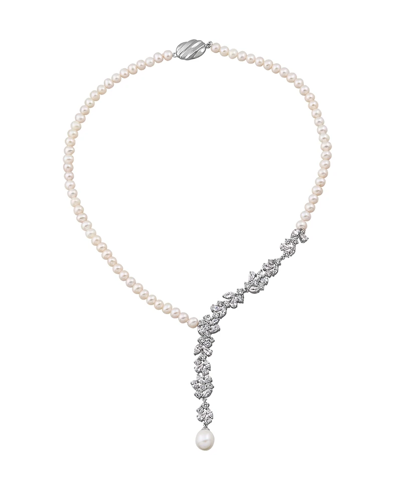 Arabella Cultured Freshwater Pearl (11x 9mm) and White Cubic Zirconia (13-3/8 ct. t.w.) Necklace in Sterling Silver