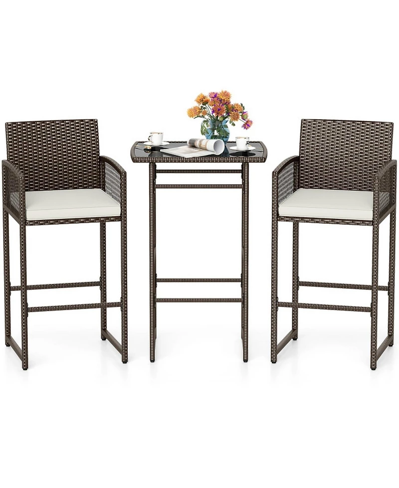 Gouun 3 Piece Outdoor Bar Set with Pe Wicker Bar Table, 2 Armchairs and Seat Cushions