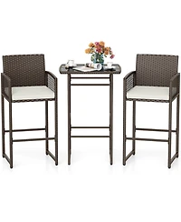 Gouun 3 Piece Outdoor Bar Set with Pe Wicker Bar Table, 2 Armchairs and Seat Cushions