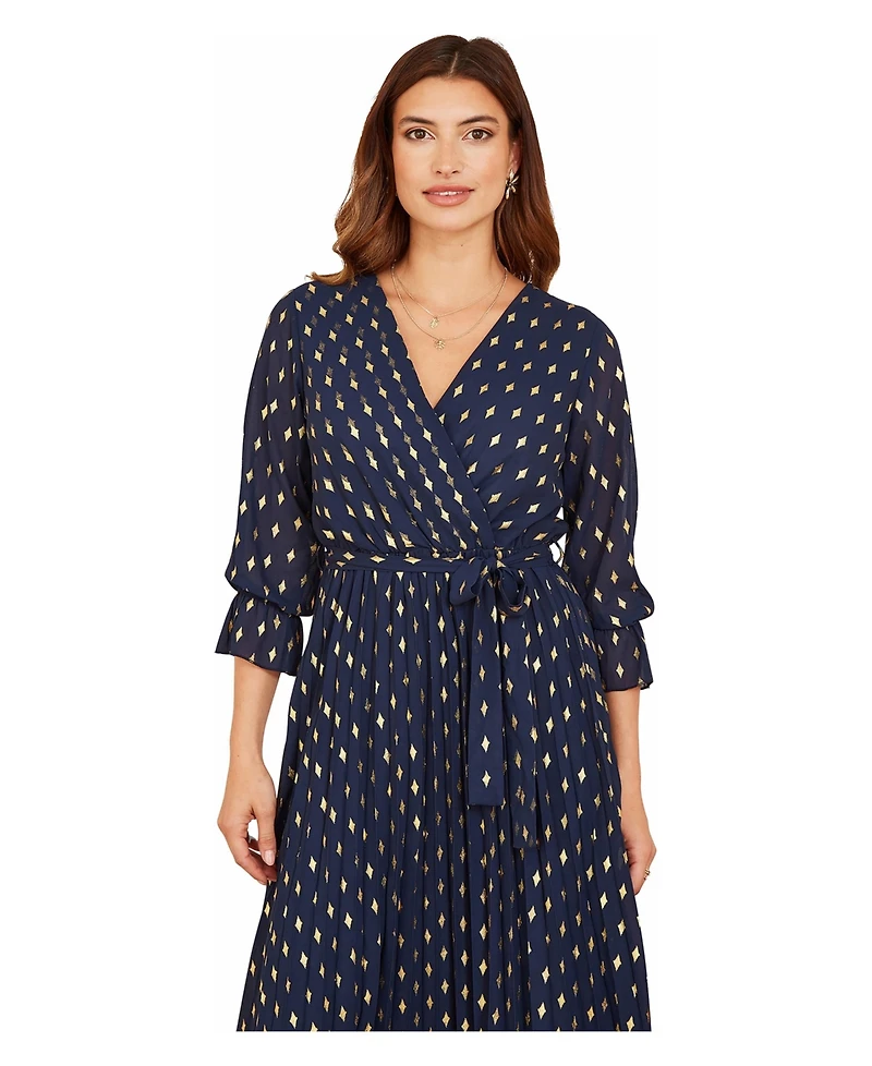 Yumi Women's Foil Printed Pleated Wrap Midi Dress