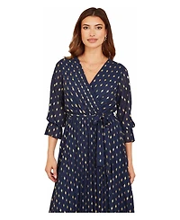 Yumi Women's Foil Printed Pleated Wrap Midi Dress
