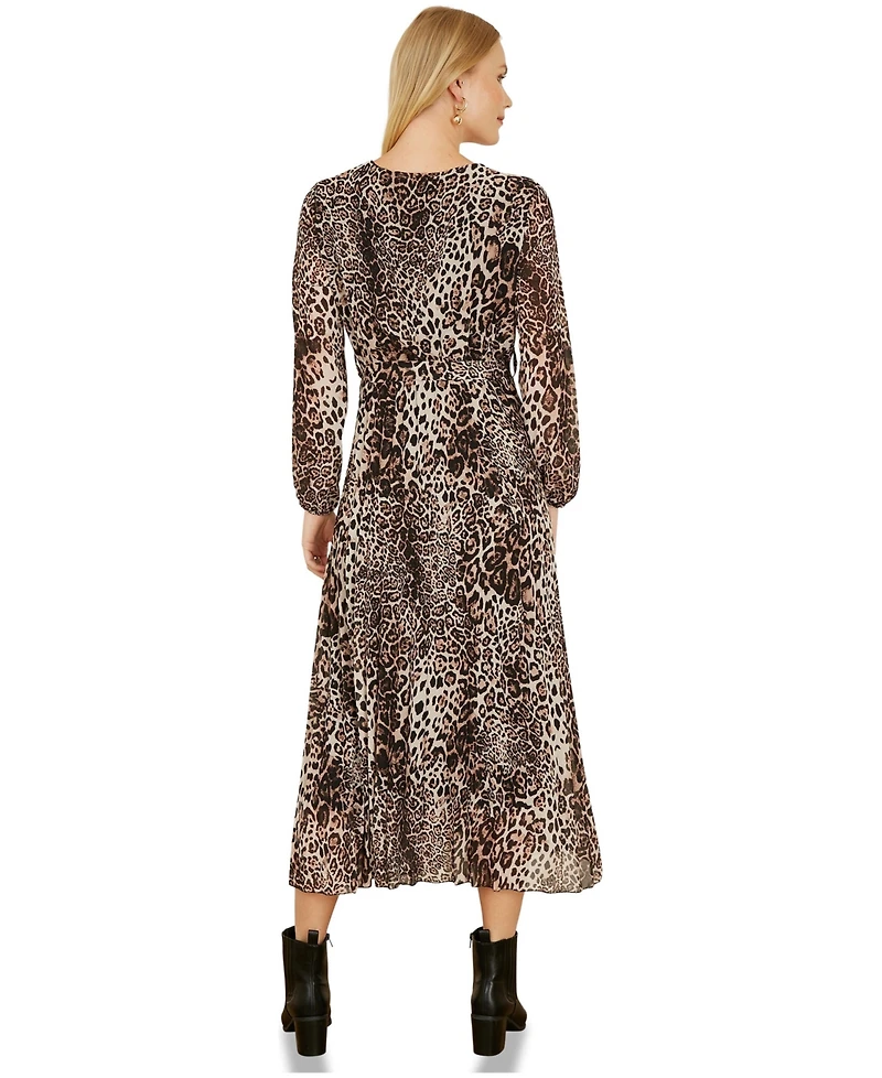 Yumi Women's Leopard Print Long Sleeve Midi Dress