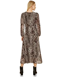 Yumi Women's Leopard Print Long Sleeve Midi Dress