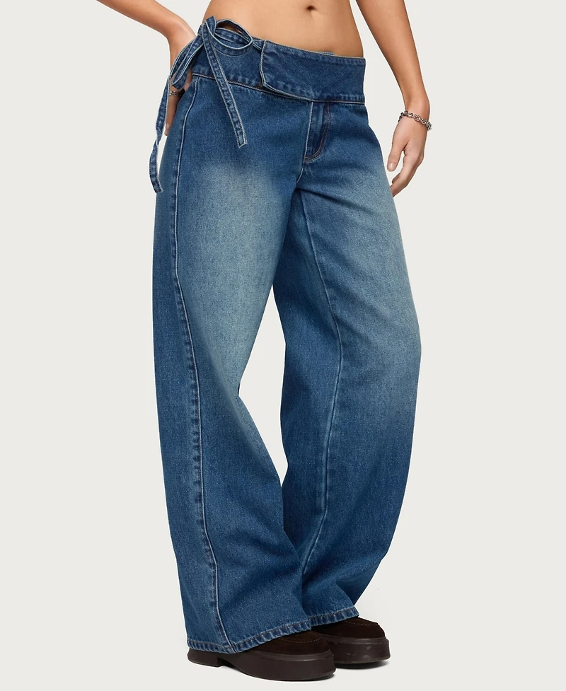 Edikted Women's Cleo Tie Waist Low Rise Baggy Jeans