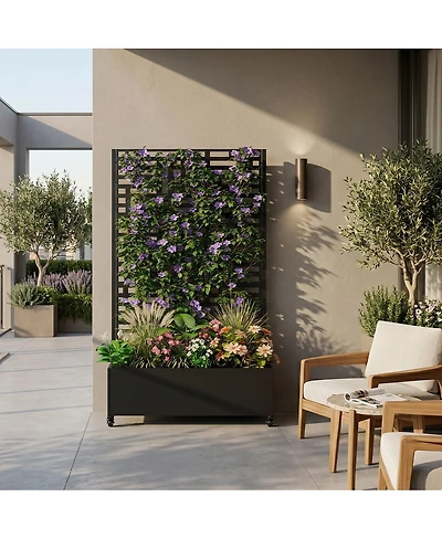 Asagikoiai Outdoor Metal Planter Box with Trellis, Raised Garden Bed with Wheels and Privacy Screen