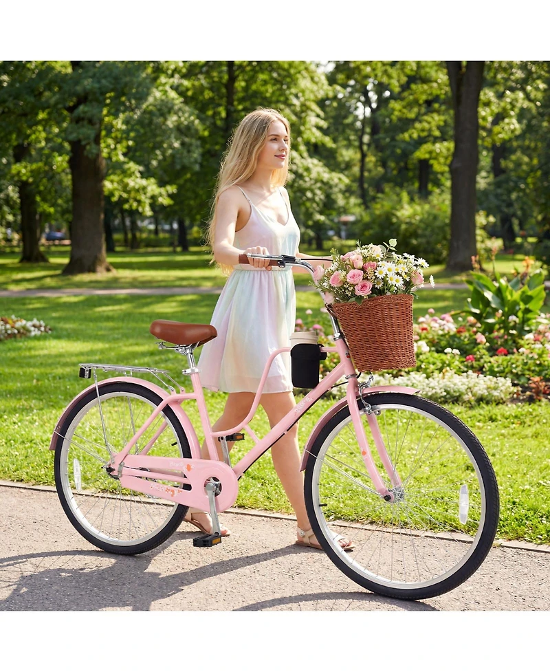 Gymax 26-Inch Beach Cruiser Bike with Adjustable Seat Woven Basket and Rear Rack for City