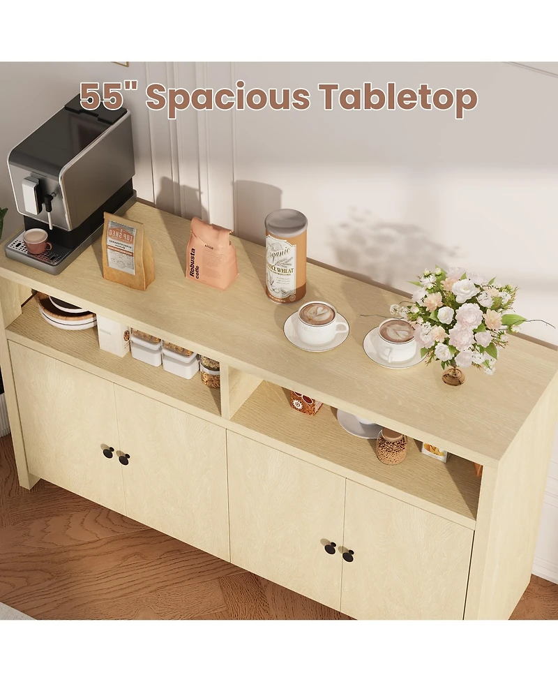 homfan Farmhouse Buffet Sideboard with Storage, 55 Inch Cabinet 4 Doors and Adjustable Shelves, Multi-Purpose Coffee Bar