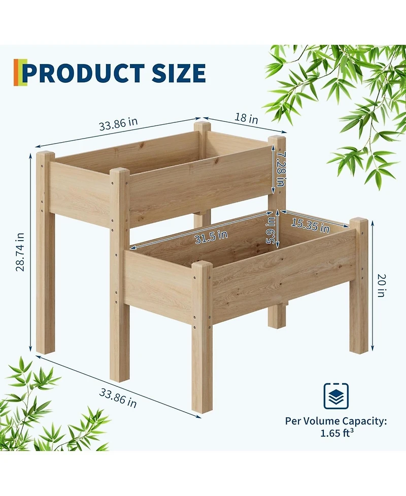 Xo 34x34x29 in 2-Tier Wooden Raised Garden Bed with Legs, Elevated Planter Box with Drainage, 352 lbs Capacity