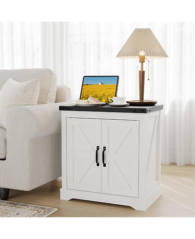 homfan Farmhouse End Table with Charging Station, Barn Door Nightstand with Adjustable Shelf for Bedroom, Living Room, or Office