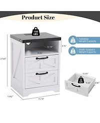 homfan Farmhouse Nightstand Set of 2 with Charging Station, 2 Drawers and Open Shelf, Bedside Tables for Bedroom, Living Room, or Entryway