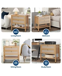 homfan Set of 2 Mid Century Modern Rattan Nightstands, Wooden Bedside Tables with Drawer and Storage Shelf, Narrow Design for Bedroom Living Room