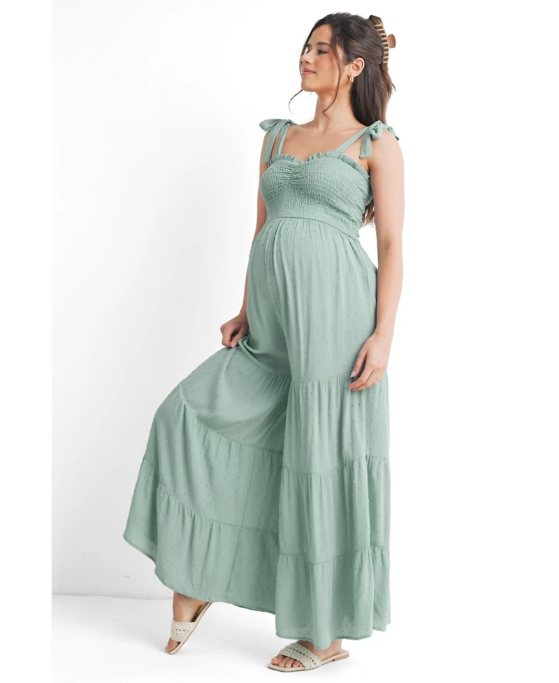 Hello Miz Maternity Sleeveless Smocked Wide Leg Jumpsuit with Tie Straps