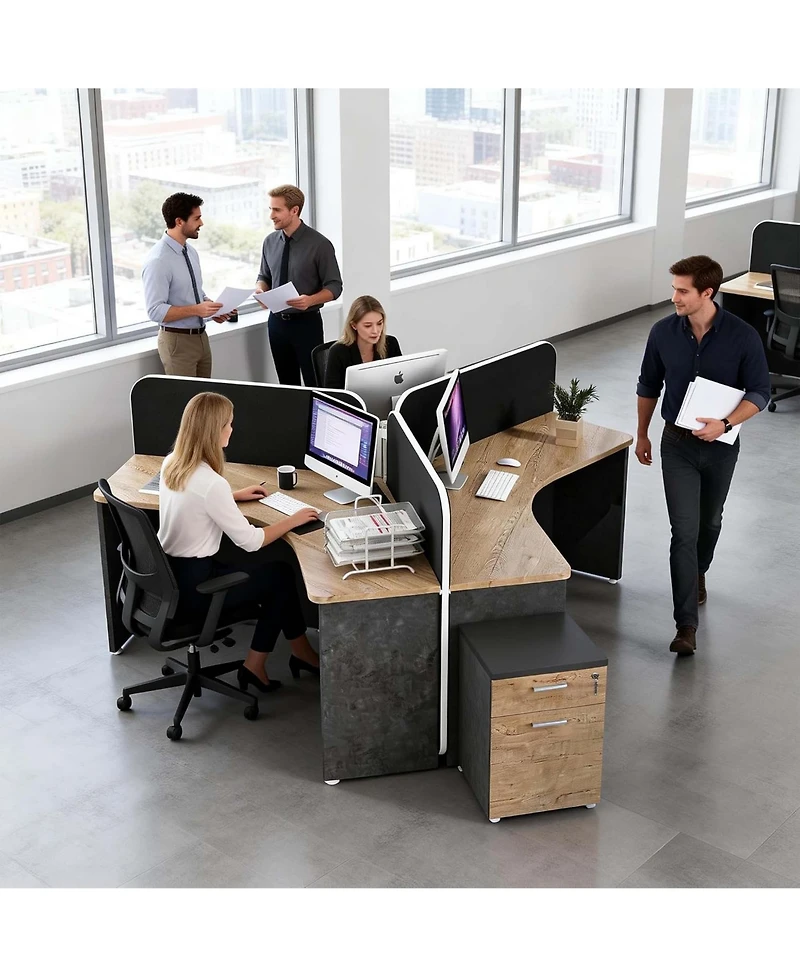 Logicfox 3 Person Office Cubicle Desk Workstation with Drawers and Built-in Power Outlets, Adjustable Wall Partitions