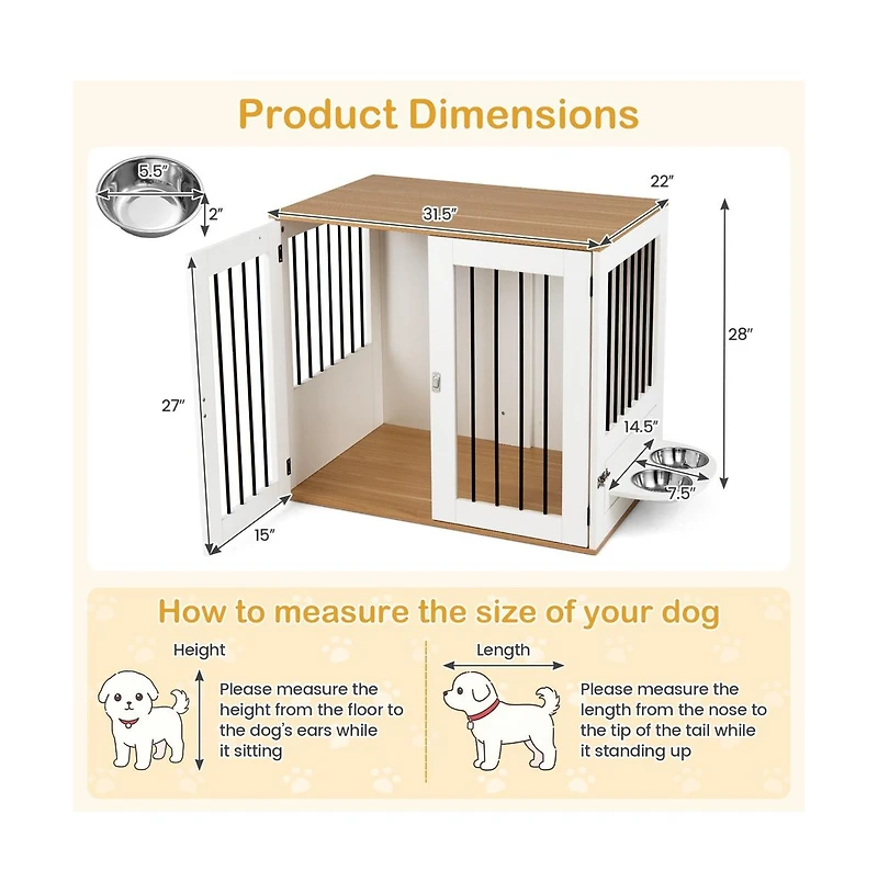 Ruie Wooden Dog Crate Furniture with Double Lock Doors and Rotating Feeder