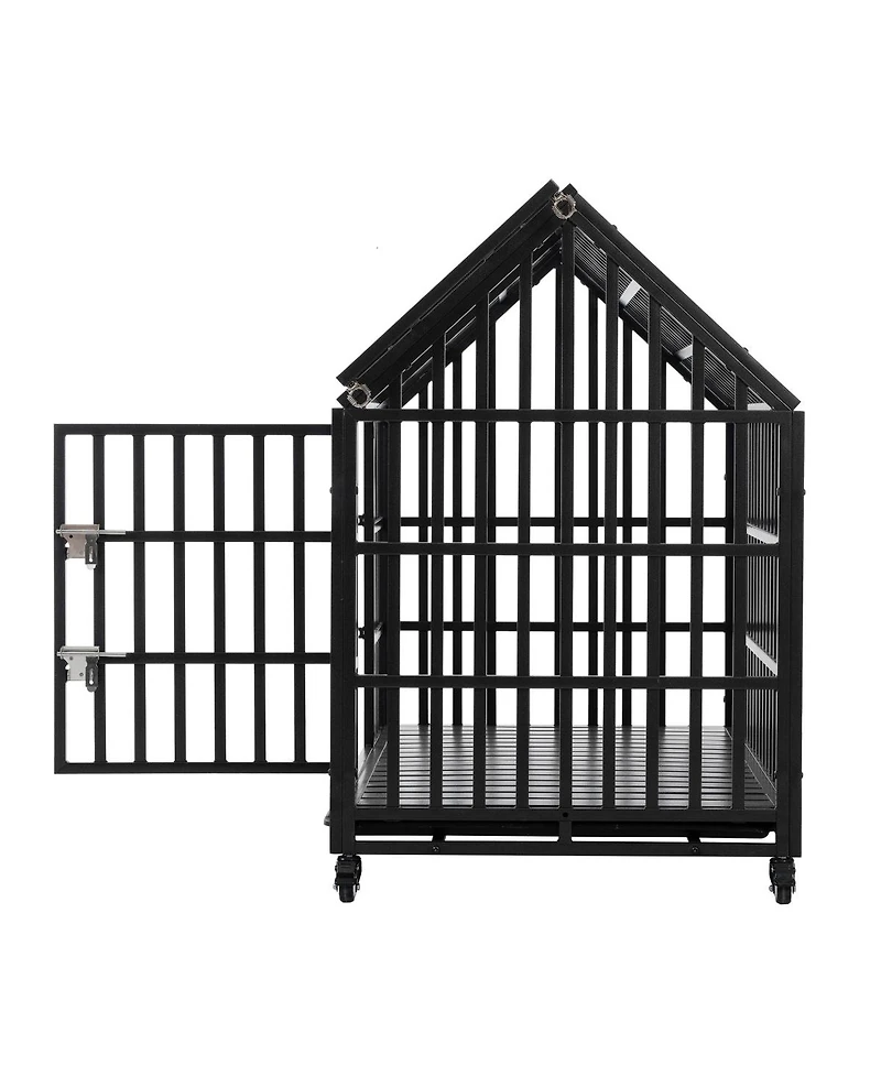 6thdruple Heavy Duty Dog House Crate Large Black Metal Kennel with Roof Door Lockable Wheels