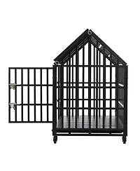 6thdruple Heavy Duty Dog House Crate Large Black Metal Kennel with Roof Door Lockable Wheels
