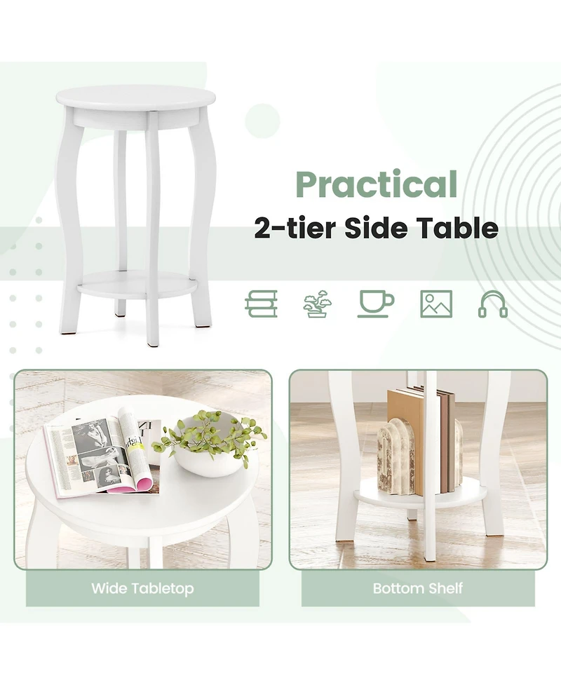 Gymax 2-Tier Round End Table Set of 2 Narrow Sofa Side Nightstand with Storage Shelf
