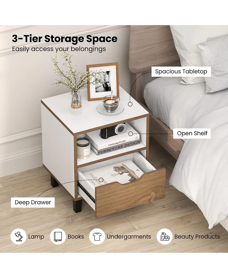 Gymax Nightstand Mid Century Modern Bedside Table with Drawer Open storage Shelf