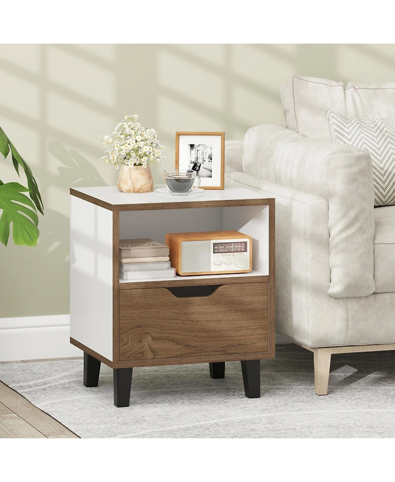 Gymax 2-Piece Nightstand Mid Century Modern Bedside Table with Drawer Open storage Shelf