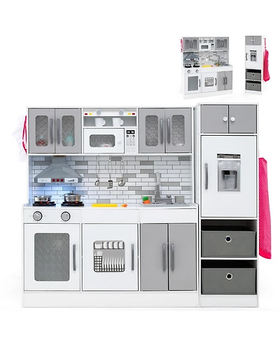 Gymax Wooden Kitchen Playset with Lights Sounds Interactive Features Storage Accessories