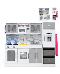 Gymax Wooden Kitchen Playset with Lights Sounds Interactive Features Storage Accessories