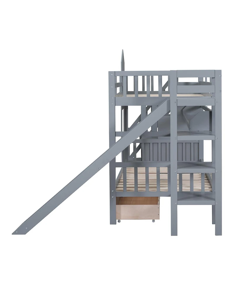 Streamdale Furniture Castle Bunk Bed With Slide, 2 Drawers, 3 Shelves