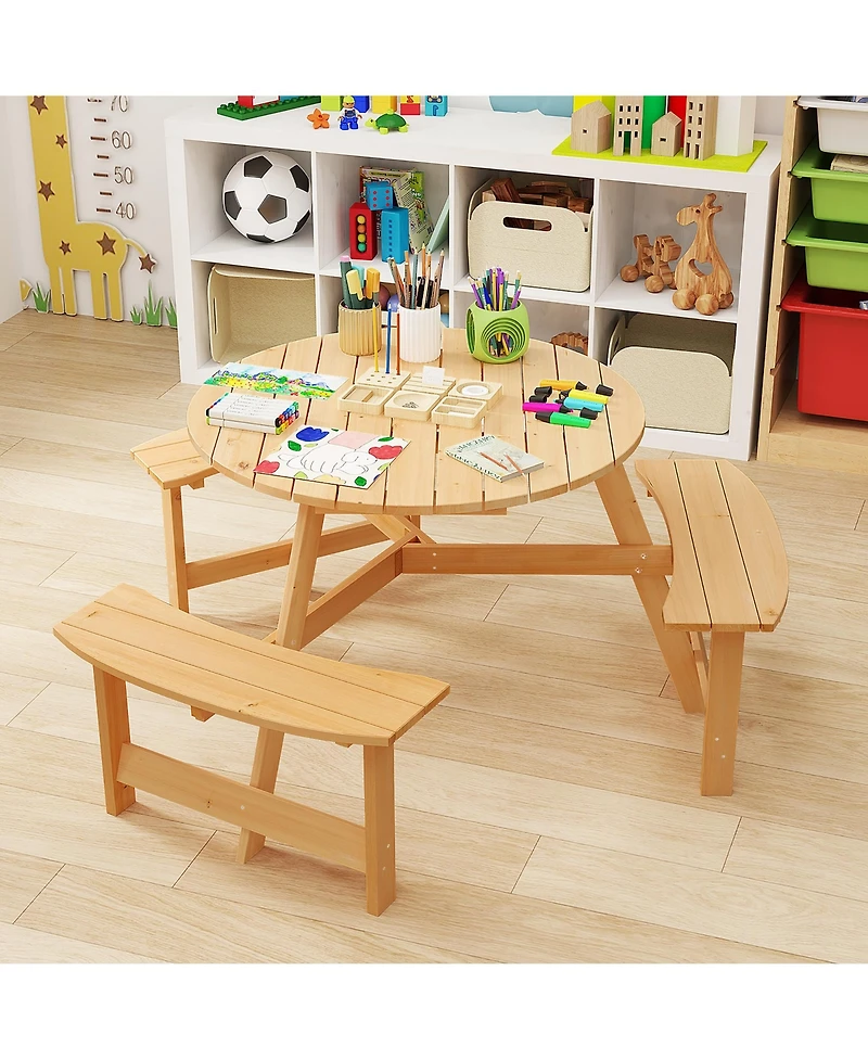 Gymax Kids Outdoor Wooden Picnic Table and Bench Set Umbrella Hole and Built-in Seats