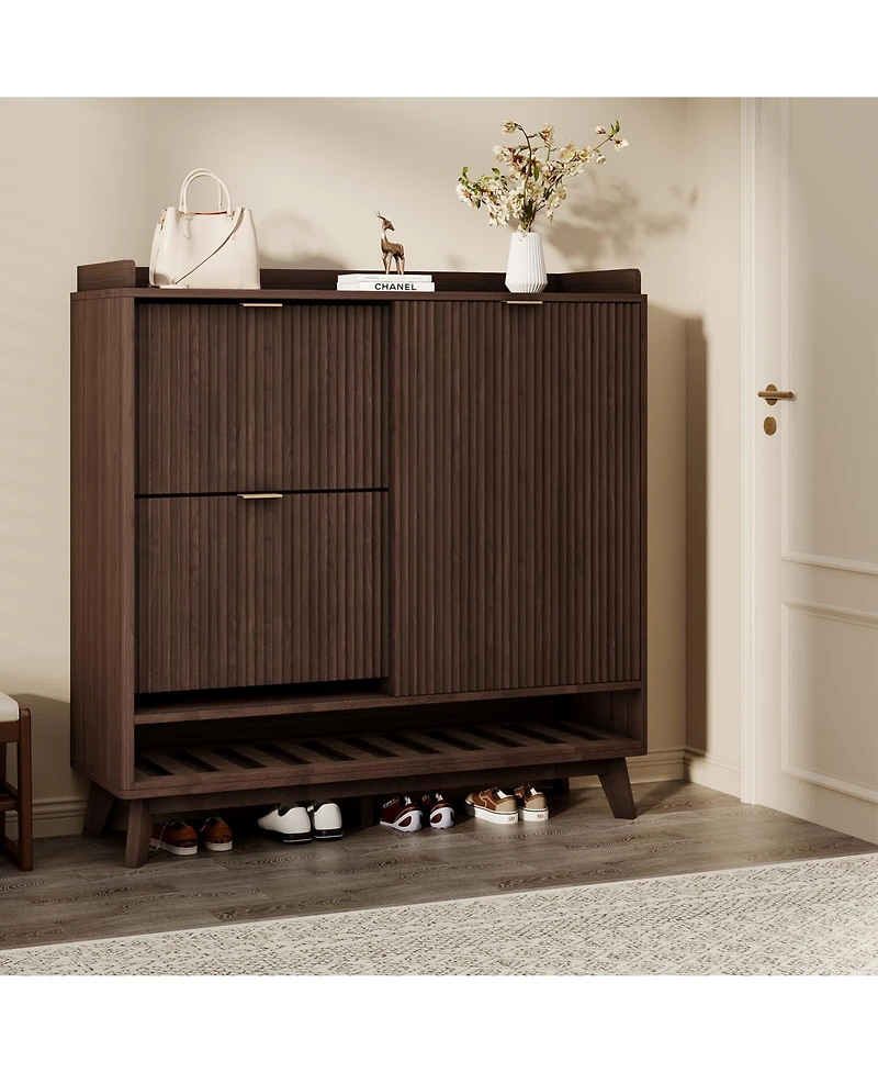 homfan Freestanding Narrow Shoe Cabinet with Sliding Door, 2 Drawers and Adjustable Shelves, Modern Hidden Storage Organizer for Entryway Hallway