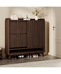 homfan Freestanding Narrow Shoe Cabinet with Sliding Door, 2 Drawers and Adjustable Shelves, Modern Hidden Storage Organizer for Entryway Hallway