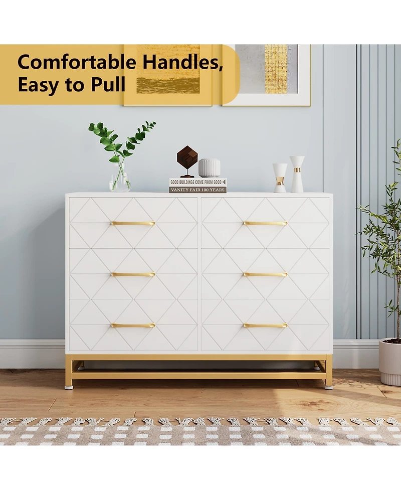 homfan 6-Drawer Dresser with Fabric Bins, Rattan Accent Storage Tower Tv Stand for 40" Tv, Bedroom, Closet, Hallway Organizer