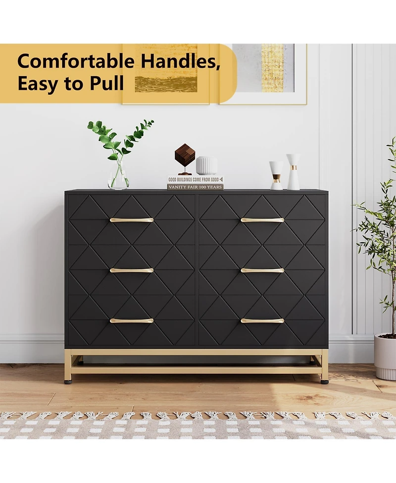 homfan 6-Drawer Dresser with Fabric Bins, Rattan Accent Storage Tower Tv Stand for 40" Tv, Bedroom, Closet, Hallway Organizer