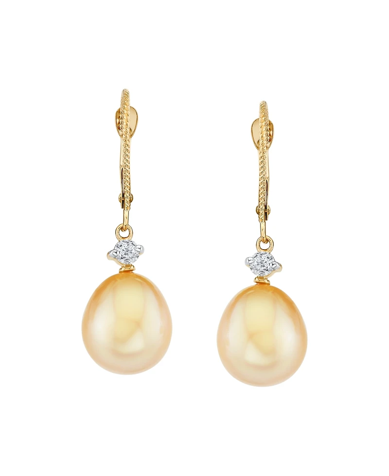 Macy's Cultured Golden South Sea Pearl (9mm) & Diamond (1/6 ct. t.w.) Drop Earrings in 14k Yellow Gold