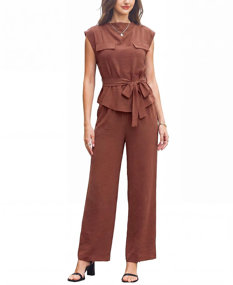 Cupshe Women's Crew Neck Belted Top and Wide Leg Pants Two-Piece Set