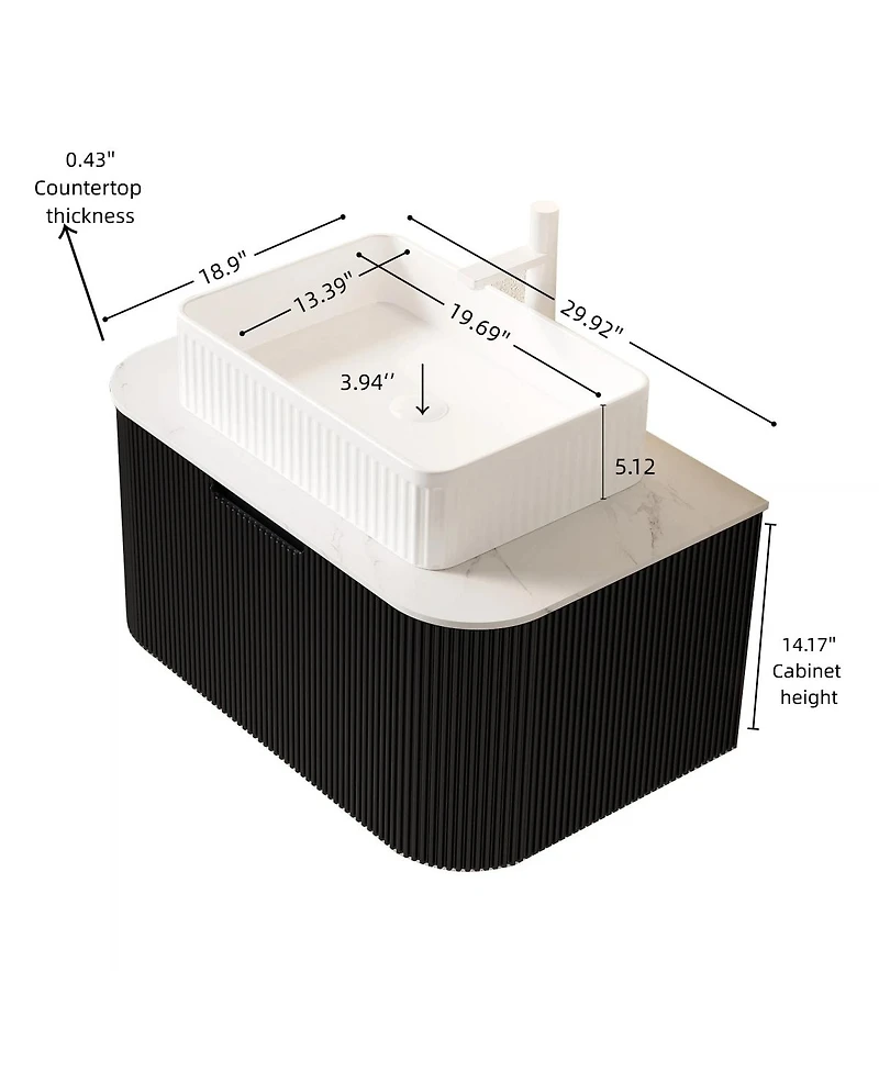 Sillysis Wall Mounted Bathroom Vanity with Ceramic Sink, Matte Stripe Plywood Cabinet, Soft Close Drawer