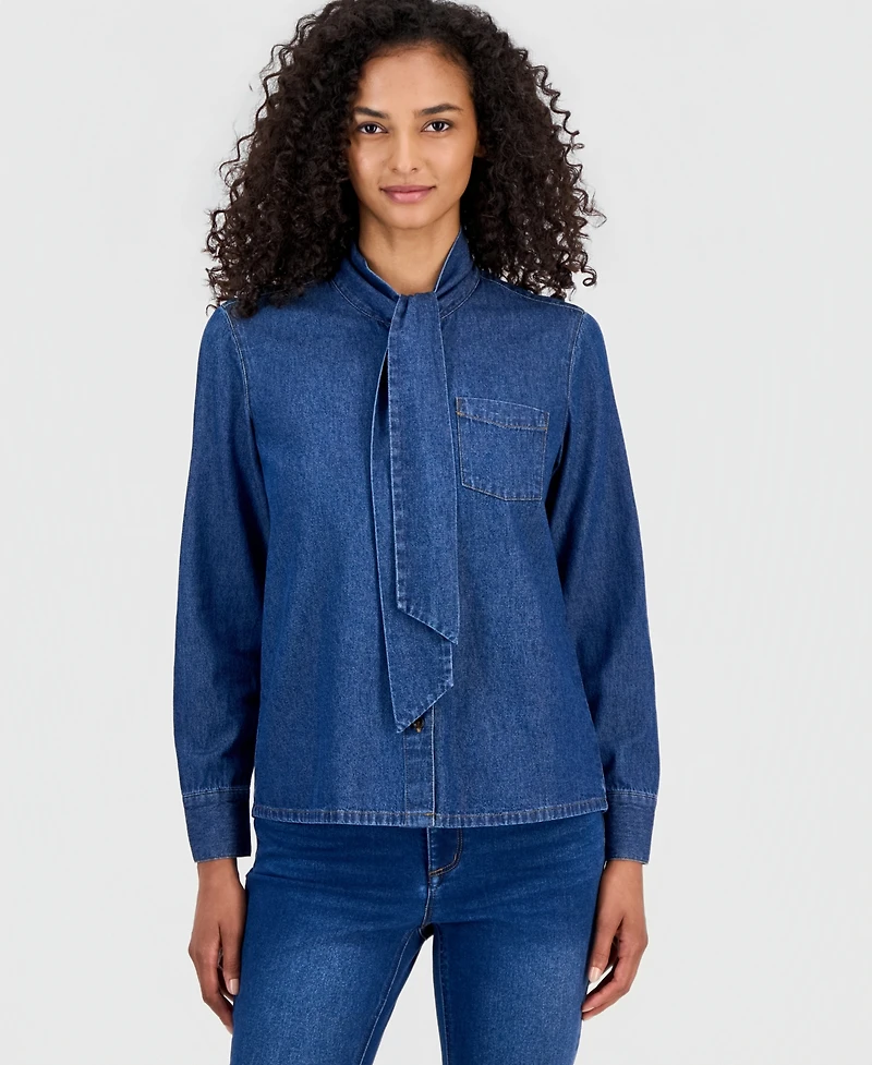 Anne Klein Women's Tie-Neck Button-Front Long-Sleeve Top